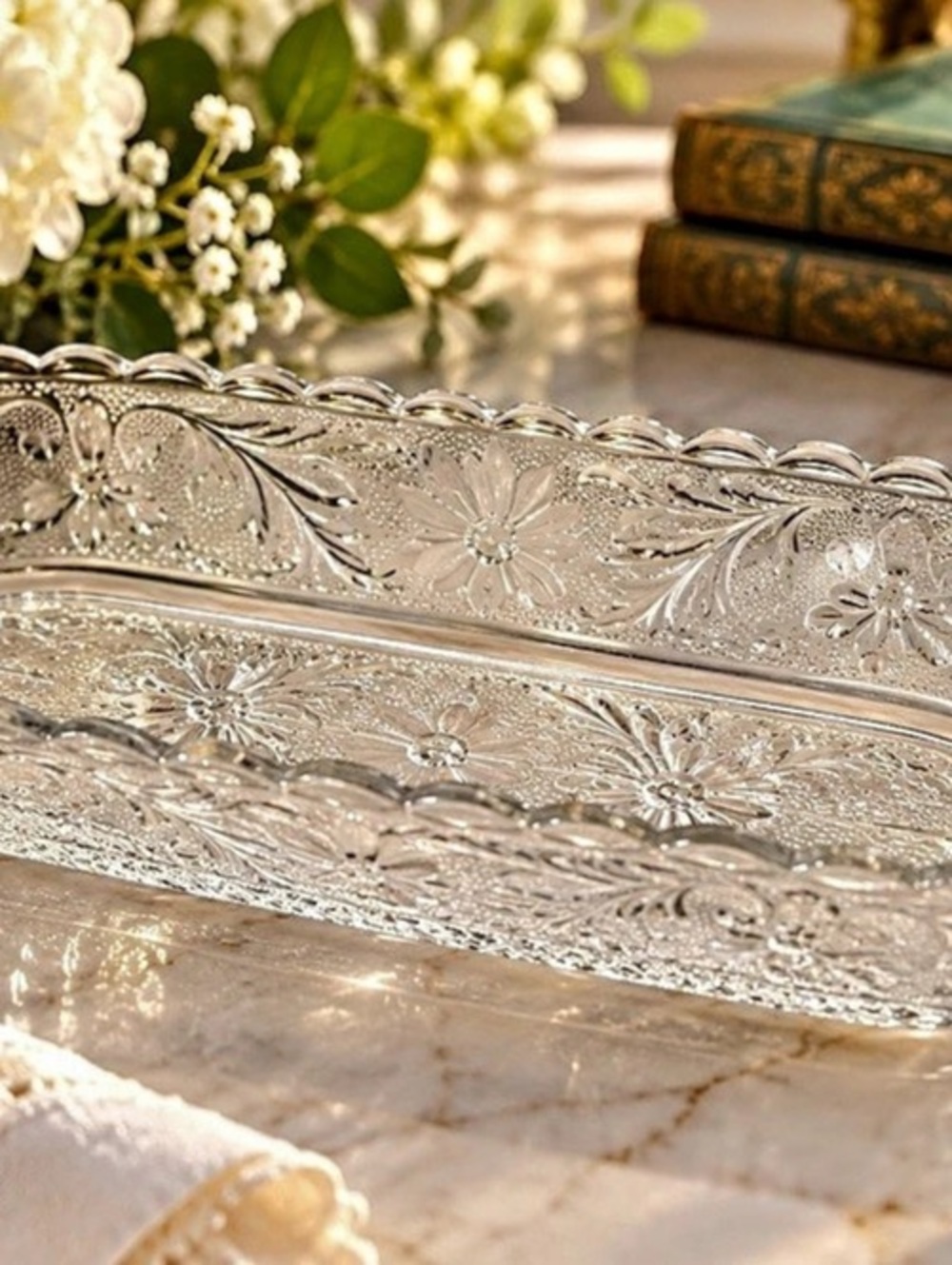 Vintage Tiara Indiana Glass Sandwich Clear Floral Relish Dish Cottagecore